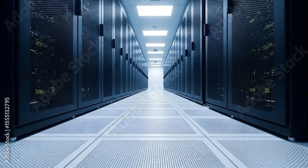 Fototapeta Long dark server room corridor with rows of computer racks data center