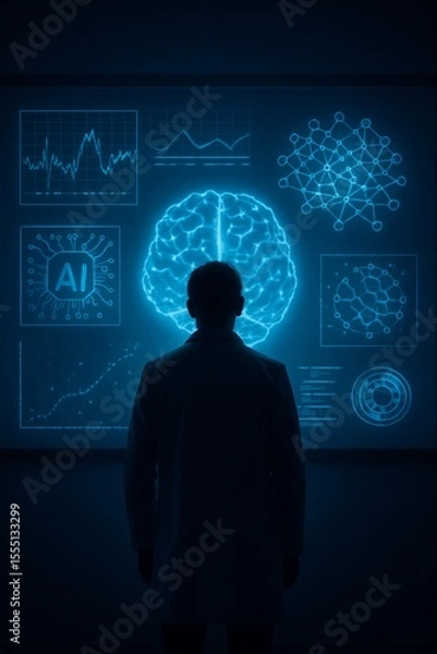 Obraz Scientist in lab using AI powered tools to analyze a holographic brain display