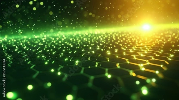 Fototapeta Digital abstract background featuring green laser lights and hexagonal patterns with a glowing effect.