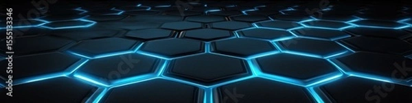 Fototapeta Digital hexagonal pattern with glowing blue lines on a dark surface, creating a futuristic look.