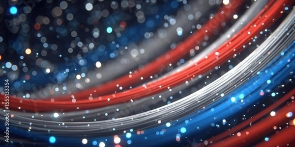 Fototapeta Vibrant abstract background with flowing red, white, and blue lines and sparkling lights.