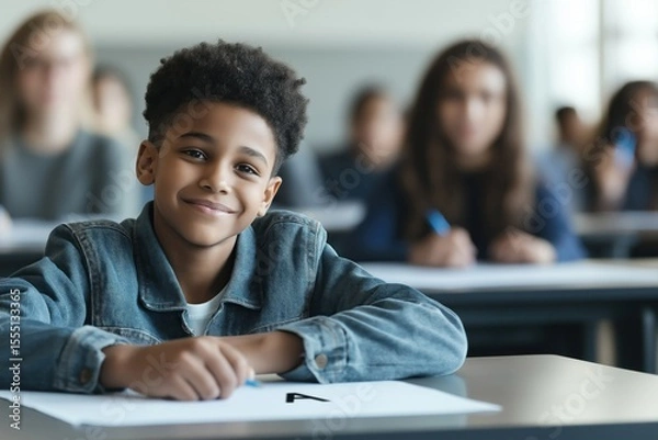 Fototapeta Happy child showing a smile while looking at his test paper with an 'A' grade.