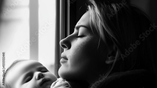 Fototapeta A somber mother gazes out the window while holding her sleeping baby, capturing a moment of emotional struggle.