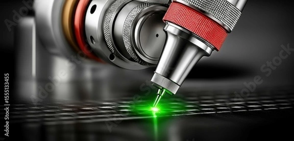 Fototapeta Close-up of a laser cutting tool emitting a green beam, showcasing advanced technology and precision.