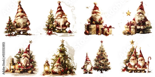 Fototapeta Christmas illustrations of Santa Claus, trees, and gifts in festive style  