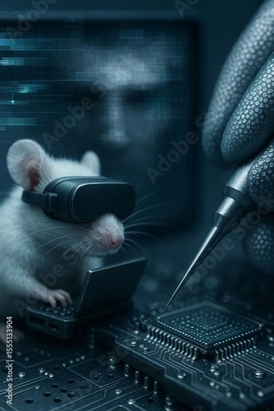 Obraz Futuristic lab mouse using a tiny laptop and VR headset in a brain-computer interface experiment
