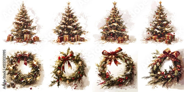 Fototapeta Christmas trees and wreaths in traditional style with festive decorations  