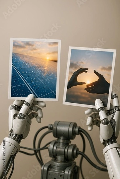 Obraz Futuristic robot connected to choices of sustainable energy and human connection