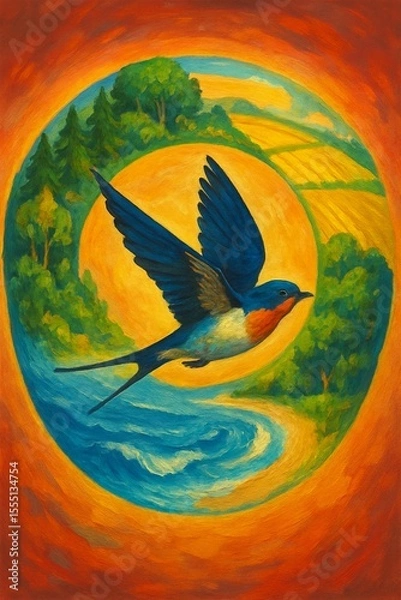 Obraz Flying swallow depicted in a vibrant, painterly style within an immersive circular landscape