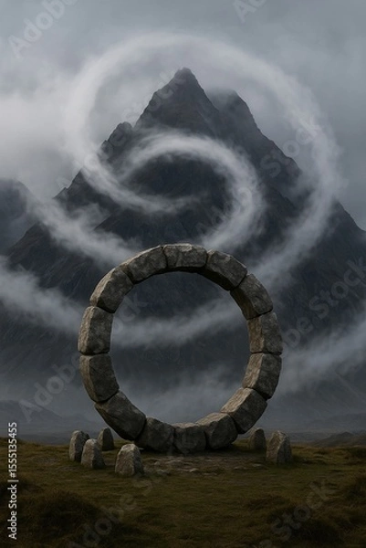 Obraz Surreal moody mountain scenescape with a stone circle and a spiral cloud vortex