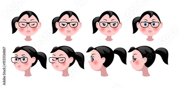 Fototapeta Set of head of funny cartoon girl with glasses in different turns isolated on white. Drawing in flat style suitable for animation. Vector illustration
