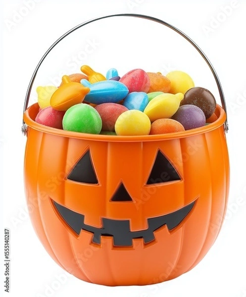 Fototapeta Halloween classic jack-o'-lantern bucket filled with colorful candies, isolated on a white background, in PNG format