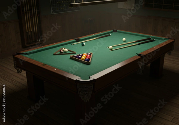 Fototapeta Photo of a billiard table with all items arranged 