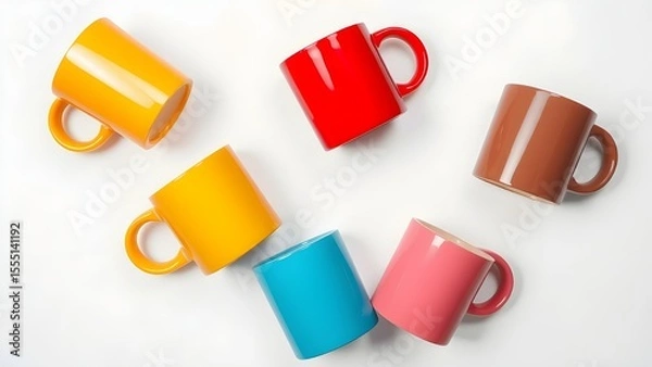 Fototapeta Several brightly colored mugs, clean and cheerful display, ideal for product collections.