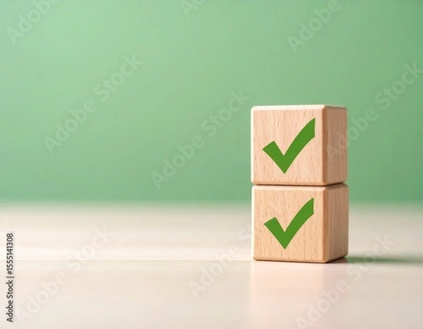 Obraz Wooden Blocks with Green Checkmarks: Success, Completion & Approval
