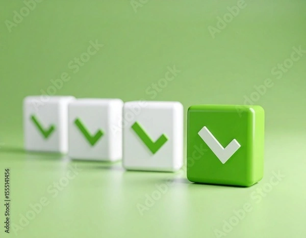 Obraz Green Highlighted Checkmark Cube Among White: Selection & Completion