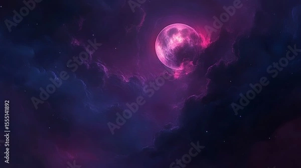 Fototapeta Pink moon shining brightly through dark clouds and stars at night.