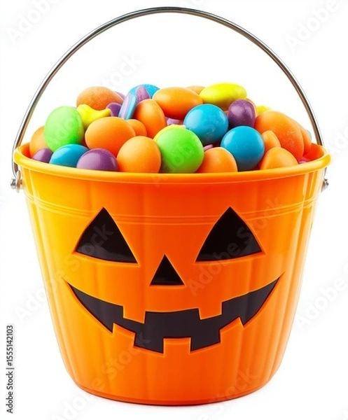 Fototapeta Halloween classic jack-o'-lantern bucket filled with colorful candies, isolated on a white background, in PNG format