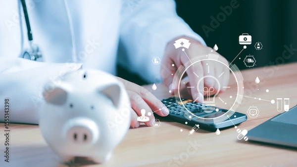 Fototapeta Doctors use a service fee calculator to save money on health insurance, drug cost concepts, Piggy bank money health check concept.