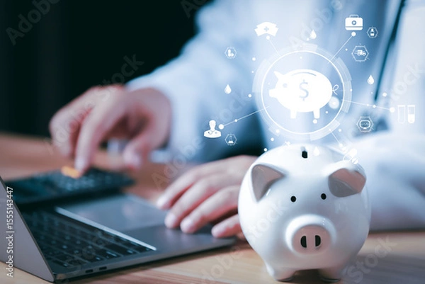 Fototapeta Doctors use a service fee calculator to save money on health insurance, drug cost concepts, Piggy bank money health check concept.