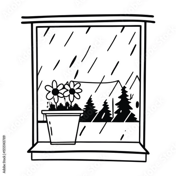 Fototapeta A window with a flower pot and rain drops on glass. Delicate and quiet moment.