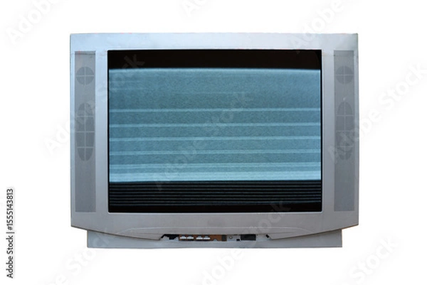Fototapeta Old vintage TV set from 1980s, 1990s, 2000s with noise and interference on the screen isolated on white background.