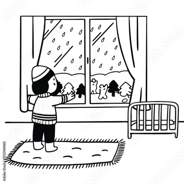 Fototapeta Emotional line drawing of a child sitting and watching the rain. Represents wonder and introspection.