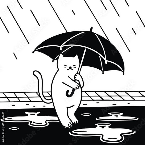 Fototapeta Fun sketch of a cat walking through puddles with tiny umbrella. Great for kids and animal themes.