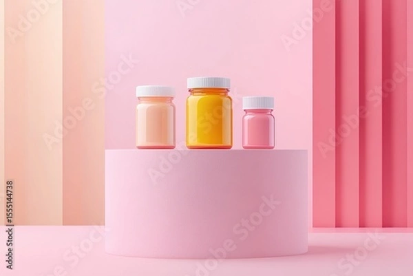 Fototapeta Vibrant, multicolored supplement bottles on a pink podium, with a simple and minimalistic design