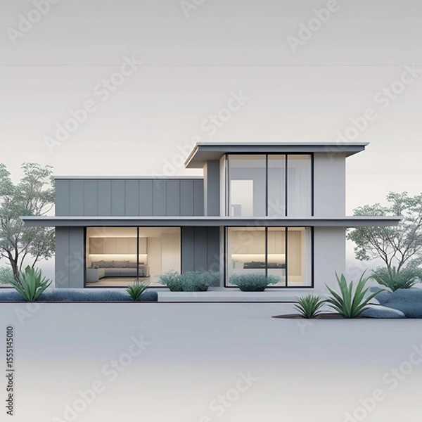 Fototapeta Modern architecture of a luxury residential building with large windows and a wooden facade against a clear sky