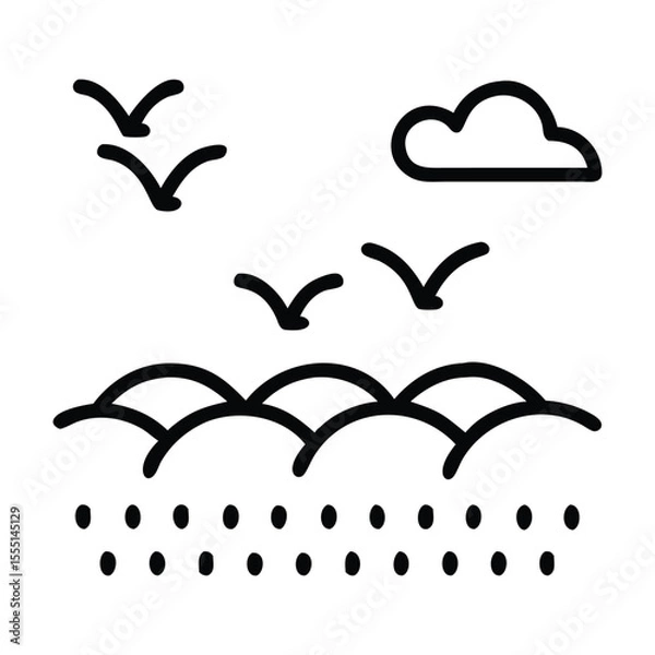 Fototapeta Minimalist birds flying over rain-touched fields. Calm and countryside themed.