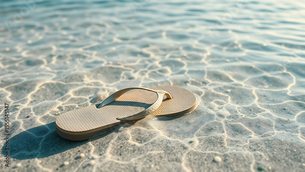 Obraz A beige flip-flop with a patterned sole and white straps is relaxing on a sandy beach near the shore. The sand is light in color, interspersed with small pebbles and shells. 