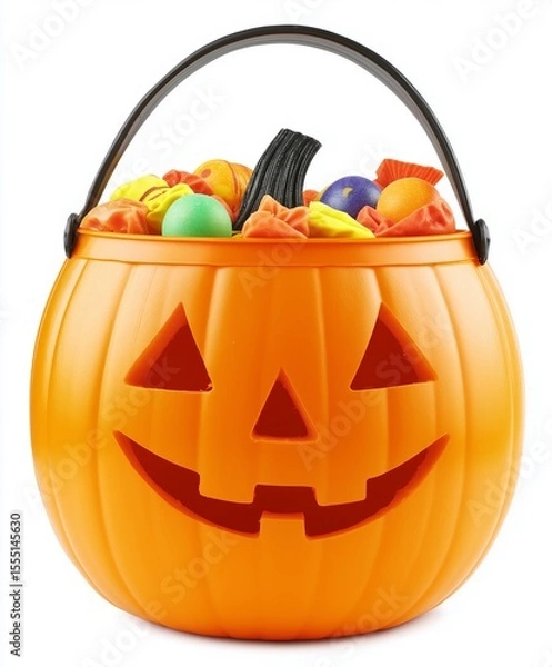Fototapeta Halloween classic jack-o'-lantern bucket filled with colorful candies, isolated on a white background, in PNG format
