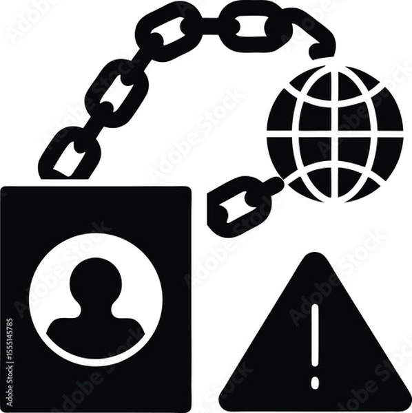 Fototapeta Black silhouette of a chained globe and person icon with warning sign