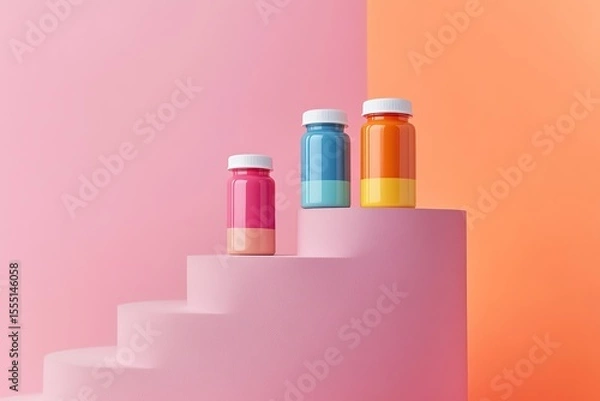Fototapeta Vibrant, multicolored supplement bottles on a pink podium, with a simple and minimalistic design