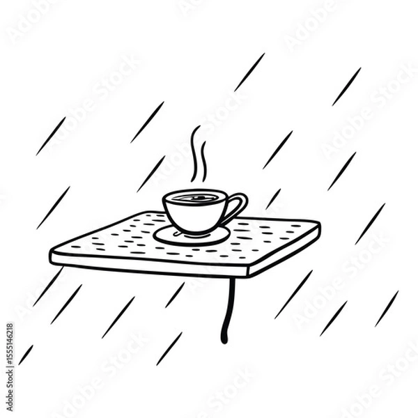 Fototapeta Cup of tea steaming with raindrops on wooden table. Warm and inviting concept.