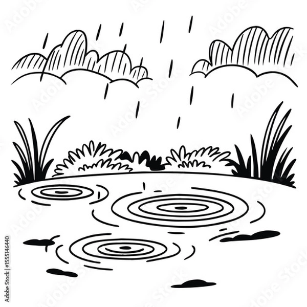 Fototapeta Gentle line sketch of a pond with circular ripples from raindrops. Peaceful and natural.