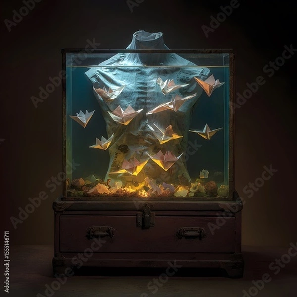 Fototapeta Submerged soul, concept with origami birds inside a torso aquarium. Surreal and symbolic conceptual photo of a human torso model submerged in a vintage aquarium filled with glowing origami birds.