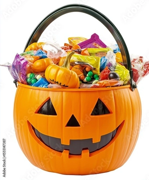 Fototapeta Halloween classic jack-o'-lantern bucket filled with colorful candies, isolated on a white background, in PNG format