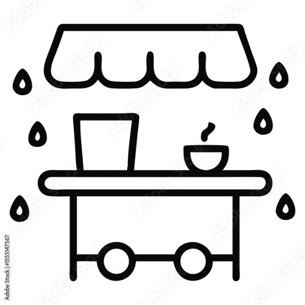 Fototapeta Thin line scene of a local tea stall with falling rain in the background. A slice of monsoon life.