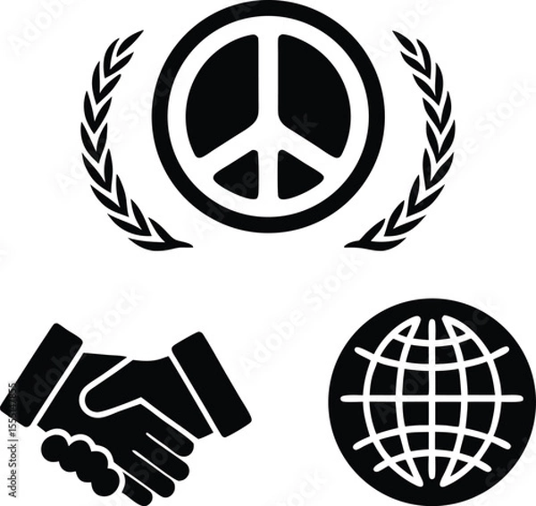Fototapeta Peace handshake globe and laurel wreath icons peace symbol
