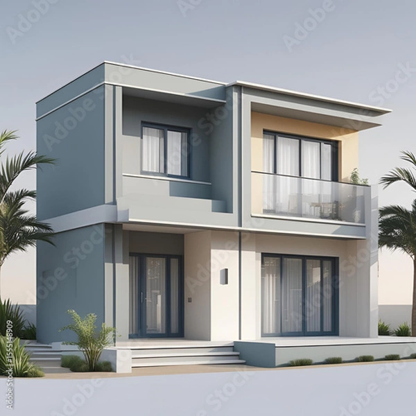 Fototapeta Modern architectural house exterior with a balcony, large windows, and a blue sky