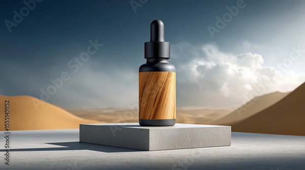 Obraz Matte black wooden dropper bottle in a desert-inspired product display. Luxury Dropper Bottle with Wooden Label – Desert Minimalism Aesthetic