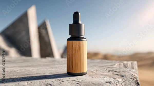 Obraz Matte black wooden dropper bottle in a desert-inspired product display. Luxury Dropper Bottle with Wooden Label – Desert Minimalism Aesthetic