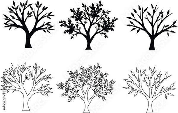 Fototapeta Flat tree vector icons pack. Includes outline and silhouette versions for web, UI, and nature themes.