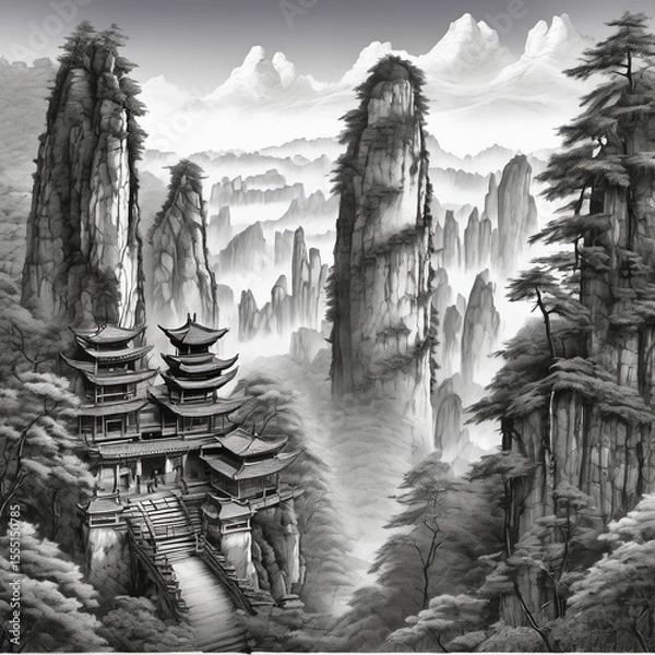 Fototapeta Symmetrical Charcoal Drawing of Zhangjiajie National Park