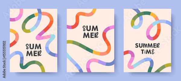 Fototapeta Summer abstract backgrounds with bright rainbow lines.Modern illustrations with colorful shapes.Summer vacation banners in simple fun style.Vertical prints for posters,banners,covers,branding,fashion