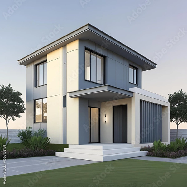 Fototapeta A new, luxurious residential property featuring modern architecture and an inviting exterior, set against a clear sky, whether on a sunny lawn, a serene beach, or a scenic hill