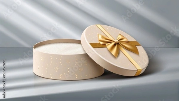 Fototapeta Open round gift box with a gold ribbon and bow on a surface