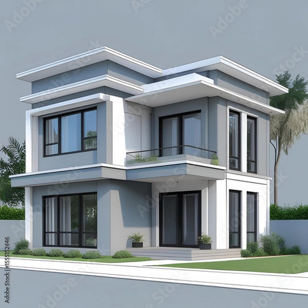 Fototapeta Luxury modern house architecture with blue sky and large windows on a sunny day